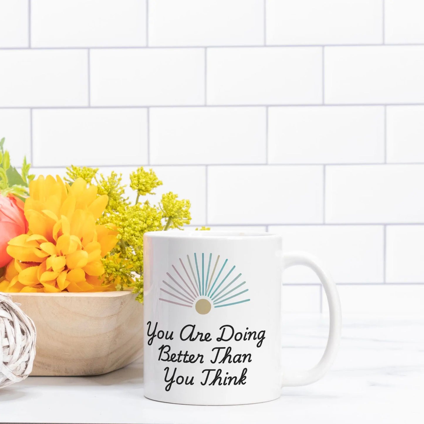 You Are Doing Better Than You Think Mug – Motivational Pastel Sunburst Coffee Cup – Inspirational Gift for Women & Men –Positive Affirmation - Cozy Candles & Mugs