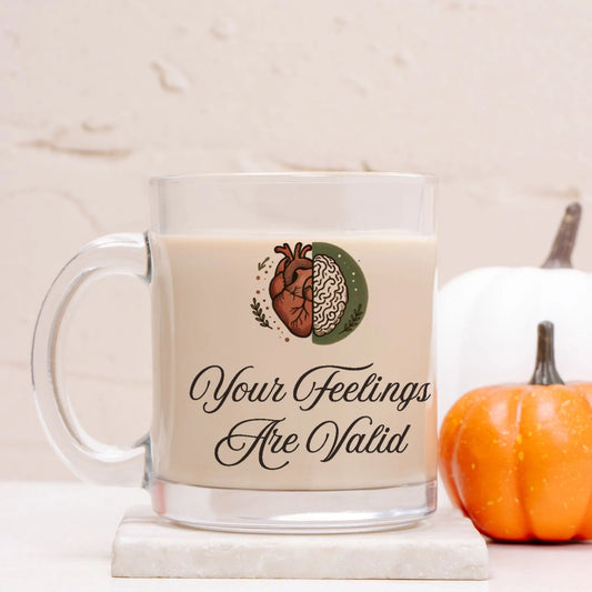 Your Feelings Are Valid Mug -  Brain Heart Illustration in Soothing Earth Tones, Inspirational Mental Health Gift - Cozy Candles & Mugs