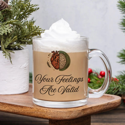 Your Feelings Are Valid Mug -  Brain Heart Illustration in Soothing Earth Tones, Inspirational Mental Health Gift - Cozy Candles & Mugs