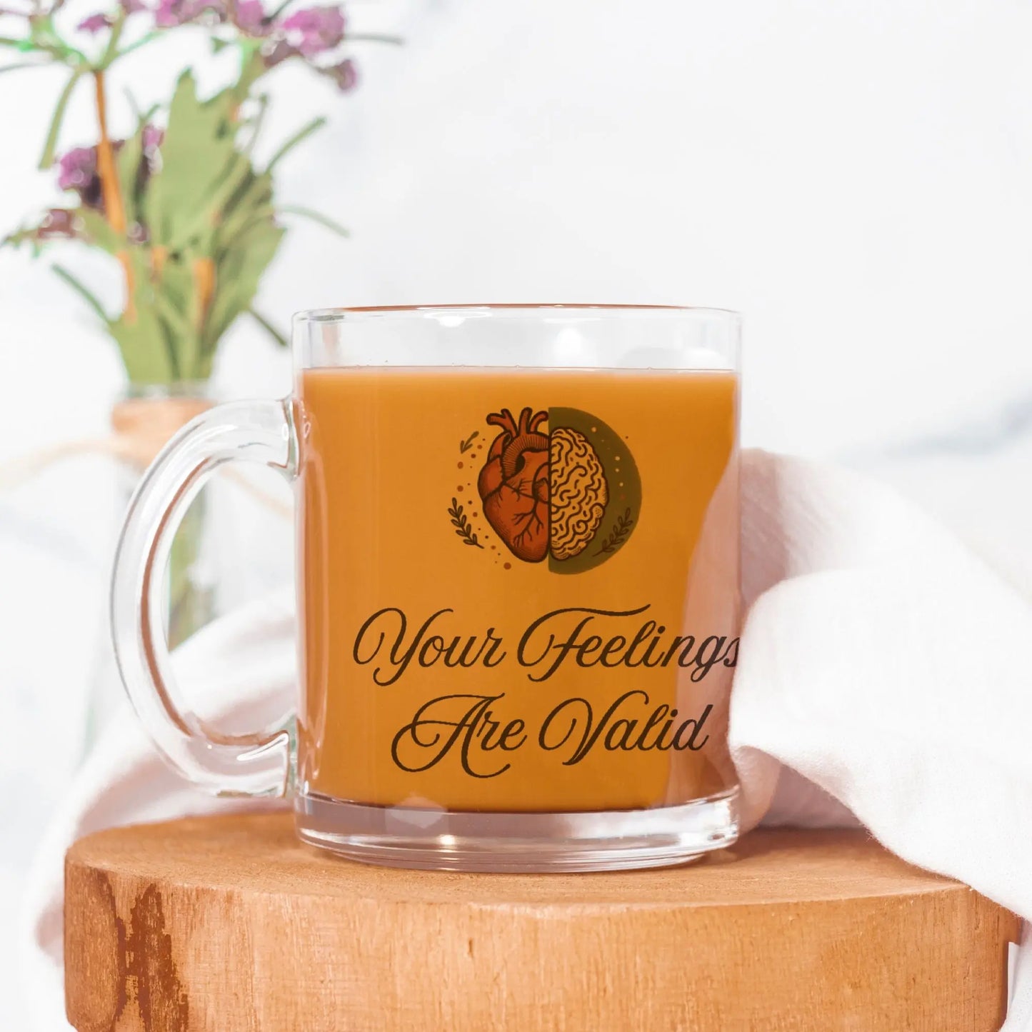 Your Feelings Are Valid Mug -  Brain Heart Illustration in Soothing Earth Tones, Inspirational Mental Health Gift - Cozy Candles & Mugs