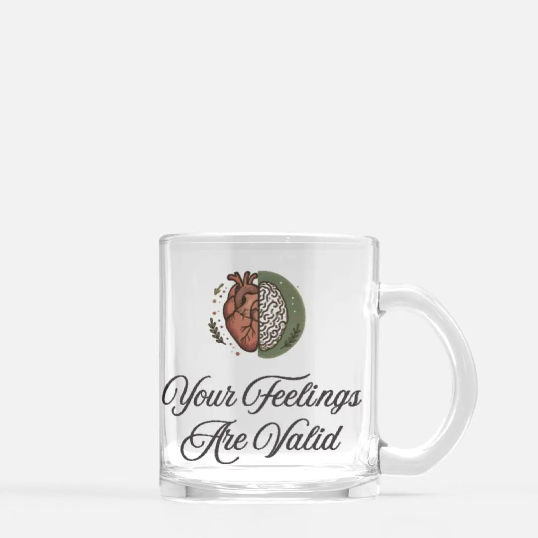 Your Feelings Are Valid Mug -  Brain Heart Illustration in Soothing Earth Tones, Inspirational Mental Health Gift - Cozy Candles & Mugs